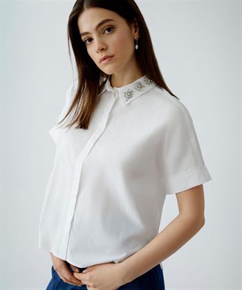 OUI poplin blouse strass kraag
